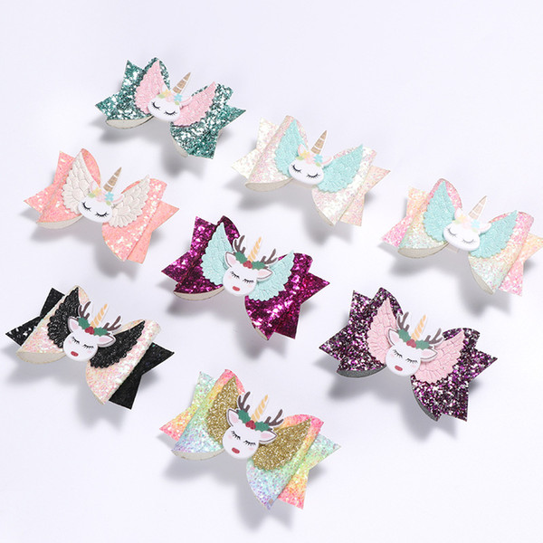 8styles Elk Unicorn Clips Sequin Glitter Baby Girls Hair Bow Hairpin Girls Bowknot Barrette Kids Hair Boutique Bows Children gift 350pcs