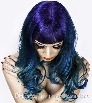 Sexy Cos wig fashion punk purple gradient cosplay wig peacock blue european long Body Wave Two Tone Synthetic Hair Harajuku Wigs