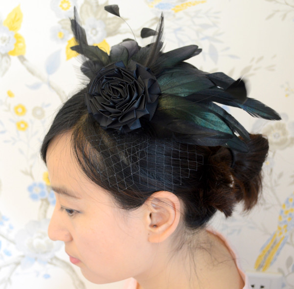 Natural Black Bridal Feather Fascinator with Silk Flower and Veil Wedding Feather Headpiece Bridal Feather Hair Accessory IRISF003