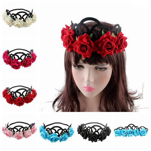 Women Fashion Rose Crown Wreath Girl Queen Crown Rose Head Wreath Punk Headbands Woman Party Wedding Hair Accessories LJJR423