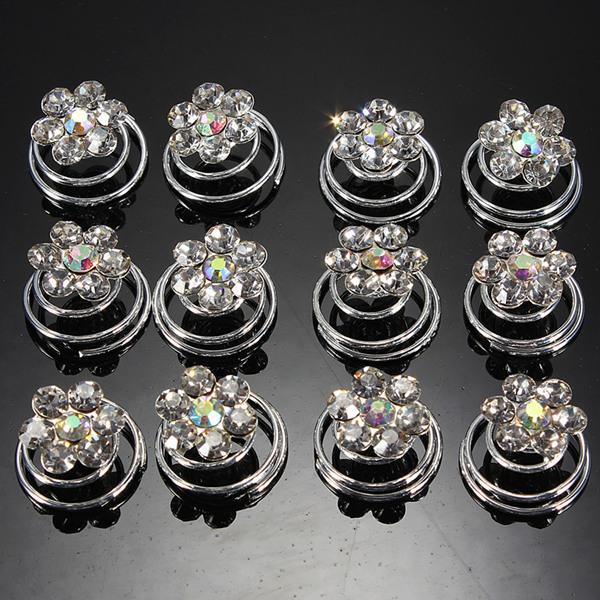 12 pcs Flower Clear Crystal Diamate Wedding Bridal Prom Hair Twists Spiral Coils Hairpins Styling Fashion Accessories Tool