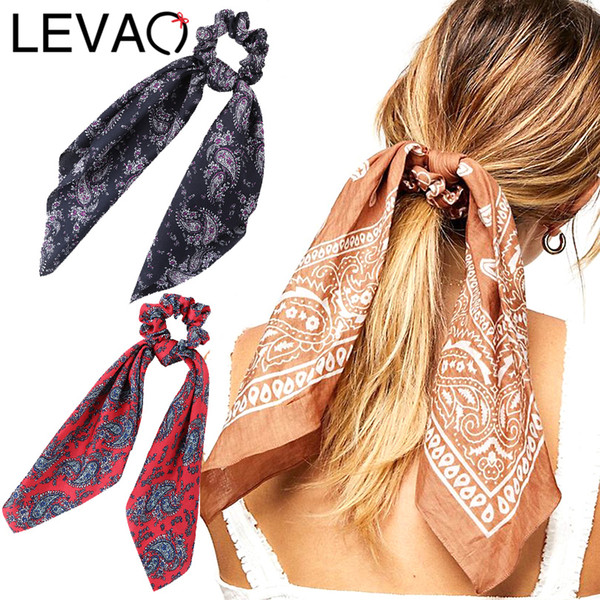 LEVAO Floral Print Scrunchie Women Hair Scarf Elastic Bohemian Hairband Bow Hair Rubber Ropes Girls Ties Accessories