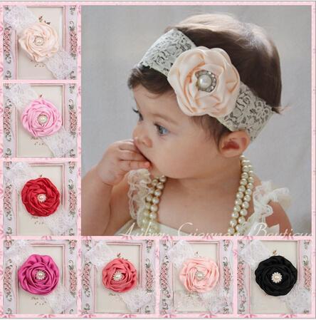 Baby Infant Flower Pearl Headbands Girl Lace Headwear Kids Baby Photography Props NewBorn Bow Hair Accessories Baby Hair bands F117B9