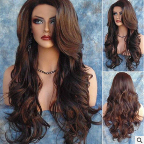 Long Loose Wavy Wig Syntheic Wig Front Curly Full Natural Hair Wigs Women Brown 2M81119