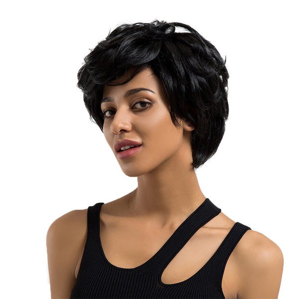 Women Real Human Hair Short Wigs Curly Black Natural Synthetic Fiber Straight Hair Wigs Cosplay Full Wig 2M81206