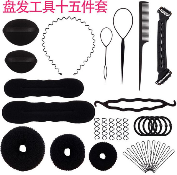 Black New 15 Piece Magic Hair Braider Hair Bun Clip Pads Curler Roller Hairpins Hairstyle Set Sponge Curl Hair Braiding Tool Set