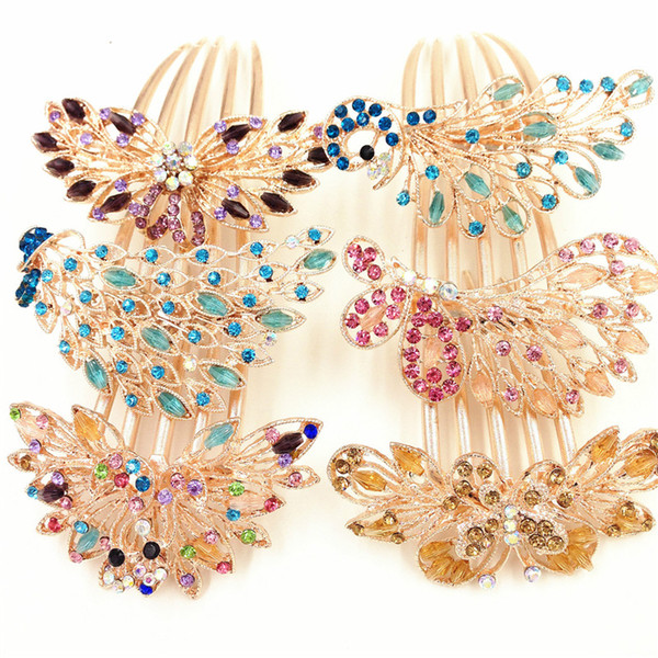 New Lady Girl Flower Pattern Alloy Rhinestone Barrette Hair Clip Peacock Five-tooth Hair Comb Hair Accessories