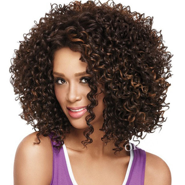 Short Afro Kinky Curly Synthetic Wigs Brown Color For Black And White Women Naturally African American Hair