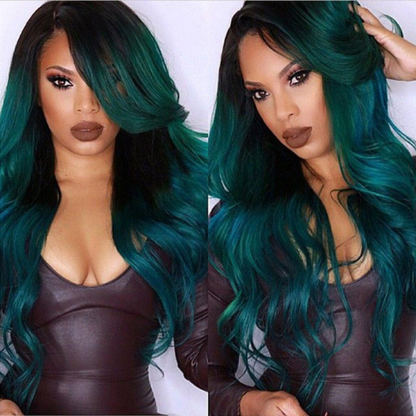 long wavy Women's Wigs Black to Bule Mixed Color Heat Resistant Synthetic hair Ladies