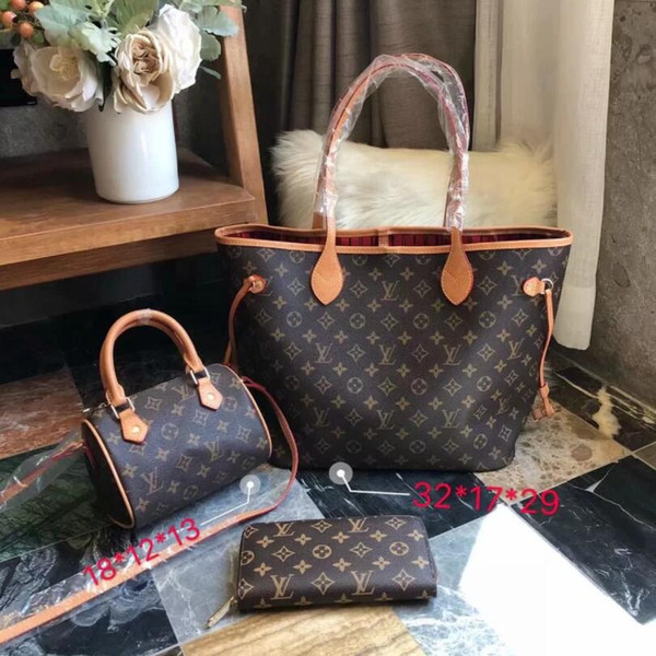 Louis Vuit‍ton Fashion 3-piece Set Brand Bags Women Luxury Package Pu Leather Shopping Bag + Pillow Bag + Wallet + Dust Bag