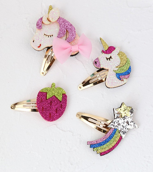 Unicorn horse baby girls sequin hair clips strawberry rainbow design kids girl hair barrettes children boutiques hair accessories fashion