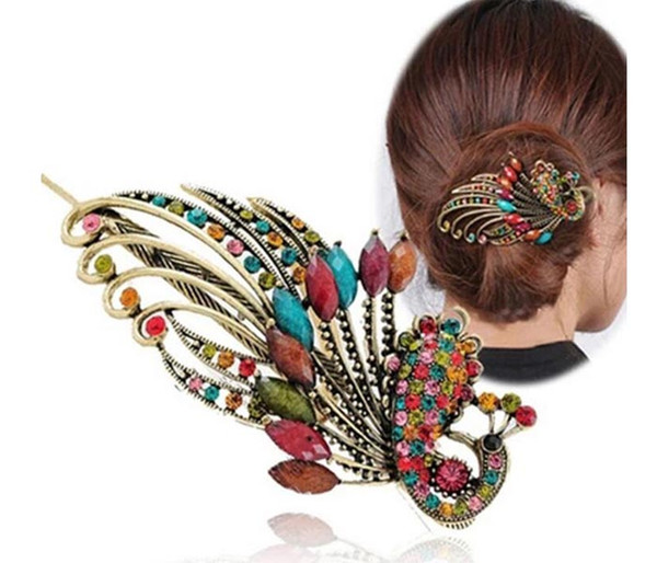 Women Beauty Vintage Colorful Crystal Rhinestone Peacock Hair Pin Hair Clip Fashion Hair Accessories Tools free shipping