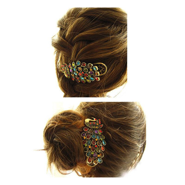 Hot Sale Women's Beauty Vintage Colorful Crystal Rhinestone Peacock Hair Pin Hair Clip Free Shipping