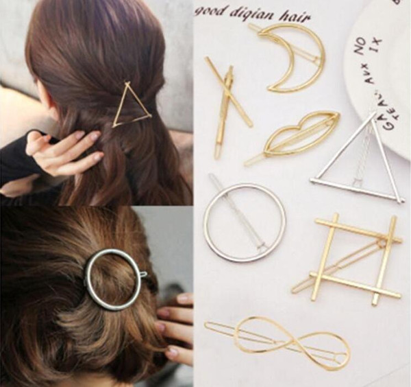 DHL free Promotion Trendy Vintage Circle Lip Moon Triangle Hair Pin Clip Hairpin Pretty Womens Girls Metal Jewelry Accessories