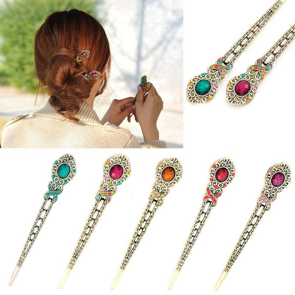 Fashion Women Retro Crystal Hairpin Original Ethnic Jewelry Hair Stick Hair Clip #T701.