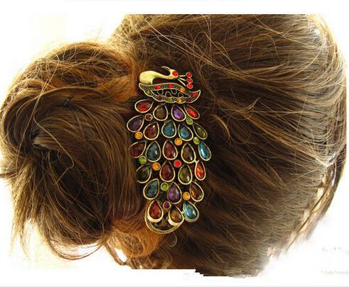 Women's Beauty Vintage Colorful Crystal Rhinestone Peacock Hair Pin Hair Clip Fashion Accessories Jewelry chea gift