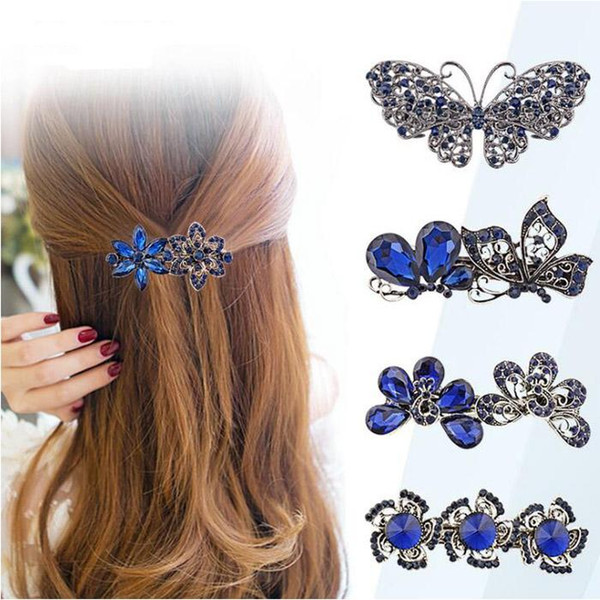 Women Fashion Crystal Rhinestone Flower Hair Pin Ladies Girls Metals Barrette Butterfly Hair Clip Hair Accessories