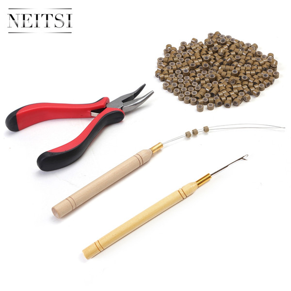 Neitsi Hot one set Tools Ring Hair Pliers For Hair Extensions(100 Micro Ring Beads &1pc Hook Needle+&1pc Loop Wood Puller & 1pc Pliers)