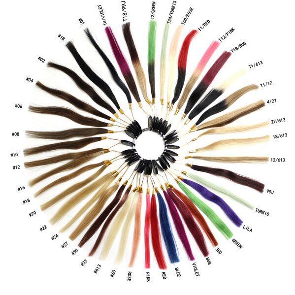 100% Human hair COLOR RING COLOR CHART for hair extensions 34 different colors with ombre color Mix color