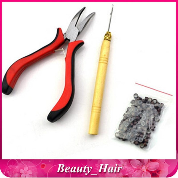 Feather Hair Extensions Tool Kit Pliers Hook &100Pcs Micro Silicone Link Beads