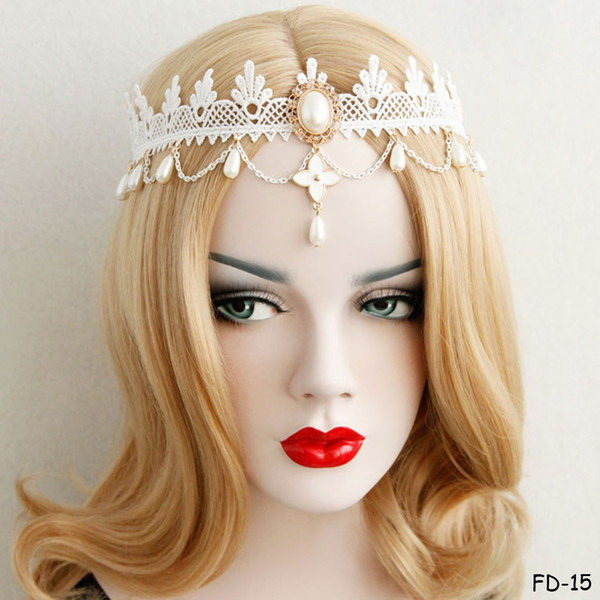 Lace Gothic Punk Rhinestone Dangle Headband Halloween Christmas Masquerade Party Artificial Pearls Chain Tassel Elastic Hairband Ladies Gift