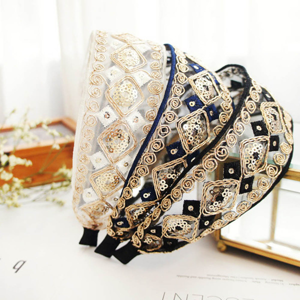 Fashion Hair Headband Fabrics and Lace Head Hoop Popular Gold Bohemia Style Hairpin Embroider Hand-Made 3 Pieces Blue Color Samples