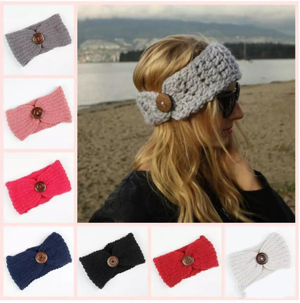 Women Winter Buckle Knitted Crochet Headband Sports Button Headwrap Hairband Turban Head Band Ear Warmer Beanie Cap Headbands