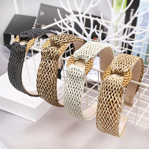 Khaki Straw Plaited Headwraps For Vacation Fashion Girls Casual Headbands With Hoop Jewelry Hair Accessories For Wholesale