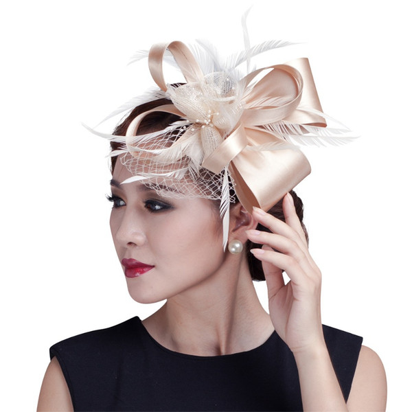 Women Champagne Feather Flower Fascinator with Bow Ladies Hair Accessories Wedding Party Floral Headband Hairpin Hair Headwear Headdress