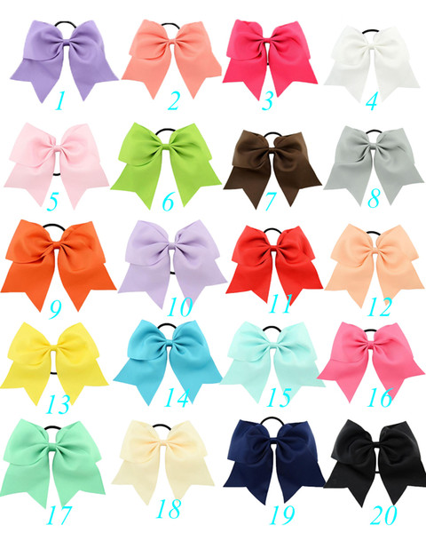 20Pcs 8 Inch Large Solid Cheerleading Ribbon Bows Grosgrain Cheer Bows Tie With Elastic Band/Girls Rubber Hair Band Beautiful