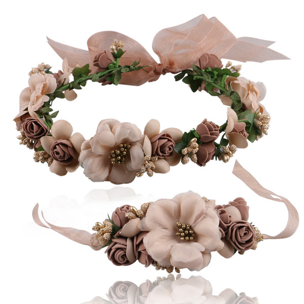 Wedding Bride's Flower Crown for children head ornaments Wreaths and bracelet set artificial Flowers hairband for girl