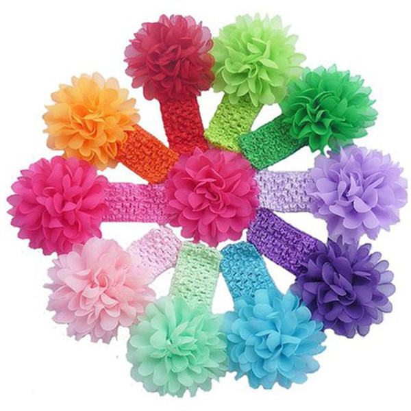 baby Headwear Head Flower Hair Accessories 4 inch Chiffon flower with soft Elastic crochet headbands stretchy hair band 16 color