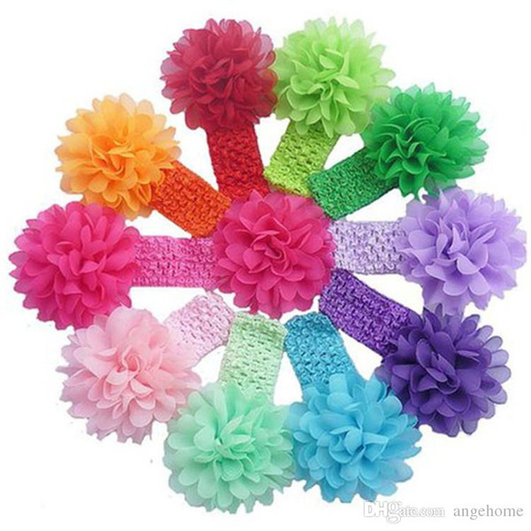 baby Headwear Head Flower Hair Accessories 4 inch Chiffon flower with soft Elastic crochet headbands stretchy hair band 16 color