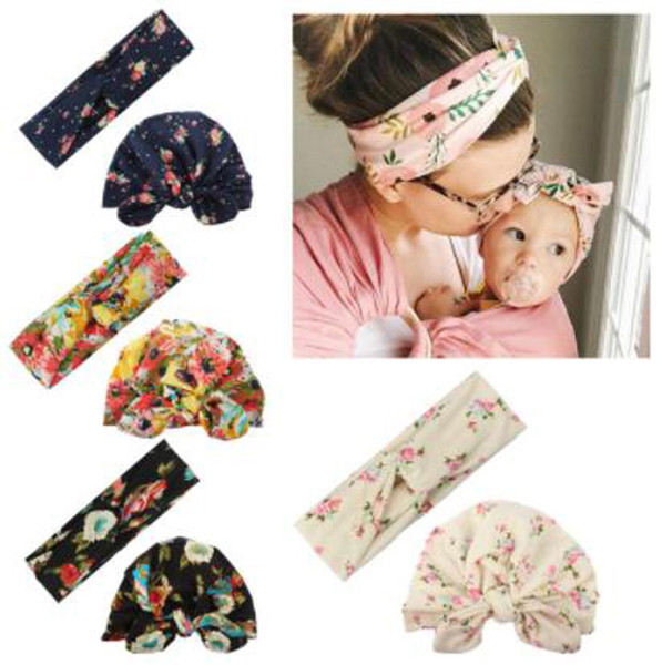 Fashion Mom Baby Set Printed Cross Hair Ribbon Printed Rabbit Ear Hat Cute Printed Headband