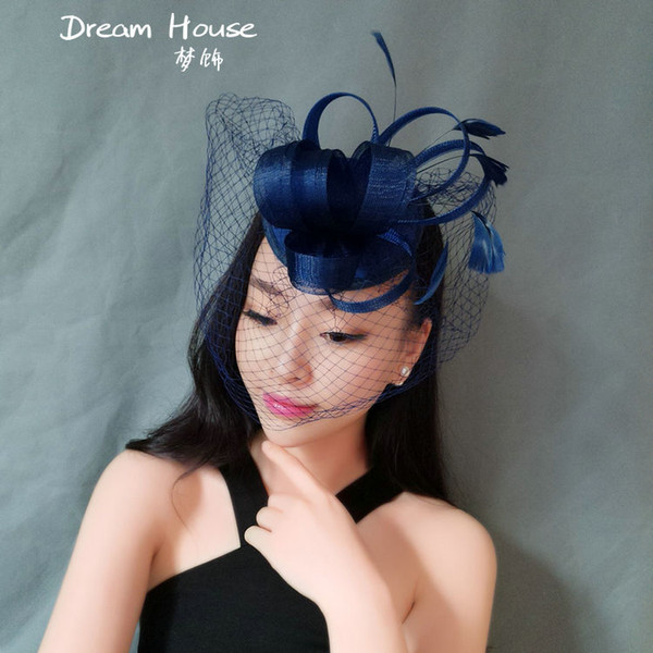 Woman headdress hair The bride wedding dress small hat headdress feathers black Navy Blue gauze dress accessories exaggerated retro veil hai