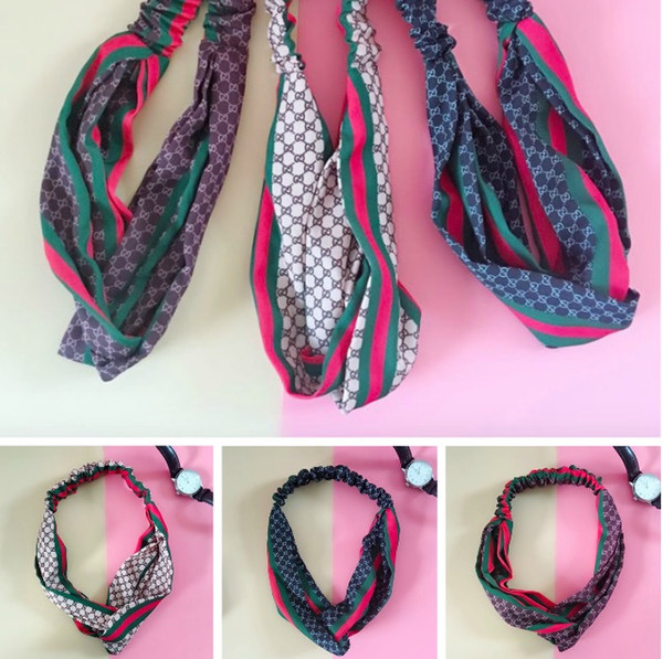 \\\in stock woman headband silk Cross Bow knot Elastic hairband luxury brand headband Clover letter headbands for gift