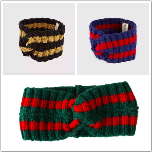 Retro Knitting wool headband luxury brand headband red green Stripe headband fashion Classical women men headbands