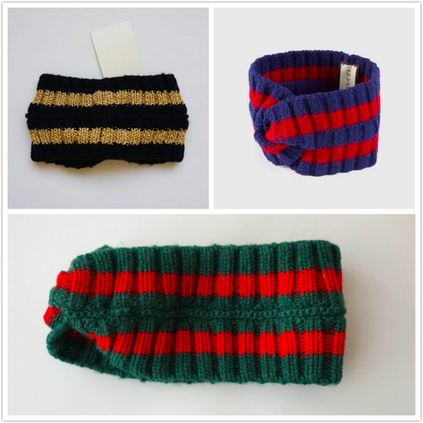 Retro Knitting wool headband luxury brand headband red green Stripe headband fashion Classical women men headbands