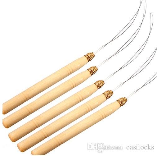 New 5Pcs Hair Extension Hook Pulling Tool Needle Threader Micro Rings Link Beads Loop Wooden Handle With Iron Wire Wholesale