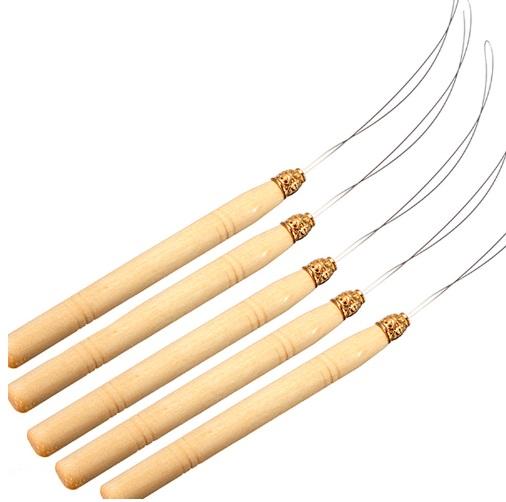 New 5Pcs Hair Extension Hook Pulling Tool Needle Threader Micro Rings Link Beads Loop Wooden Handle With Iron Wire Wholesale