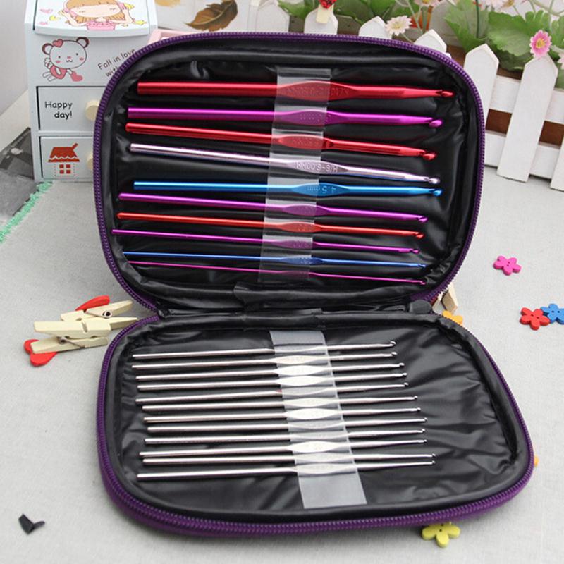 Wholesale-22Pcs/Set Multi-Color Aluminum Crochet Hooks Knitting Needles Weave Craft With Case Free Shipping