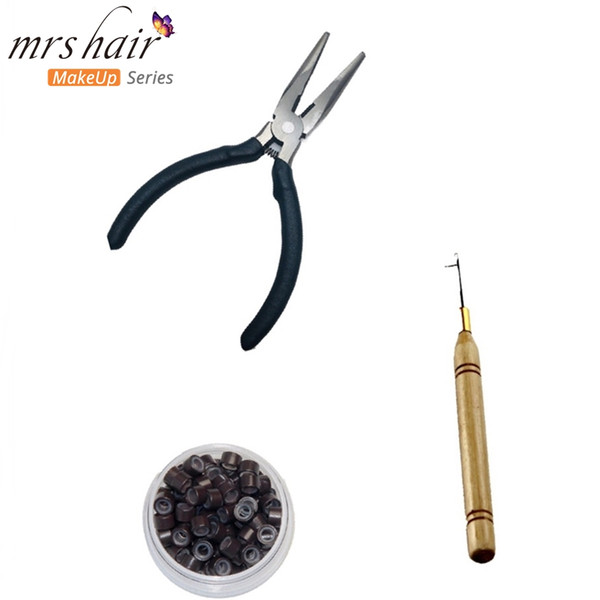 1 Wooden Handle Hook Needle+1 Hair Pliers+500pcs 5.0*3.0*3.0mm Silicon Micro Ring Hair Extension Tools Kit