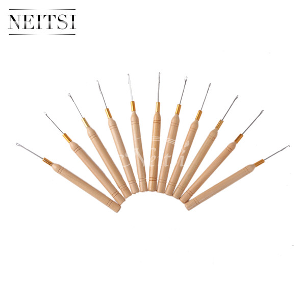 Neitsi Hot Sale 10pcs Braiding Hair Needles wooden Handle Latch Knitting Crochet Hook Needles Professional Hair Extensions Tools