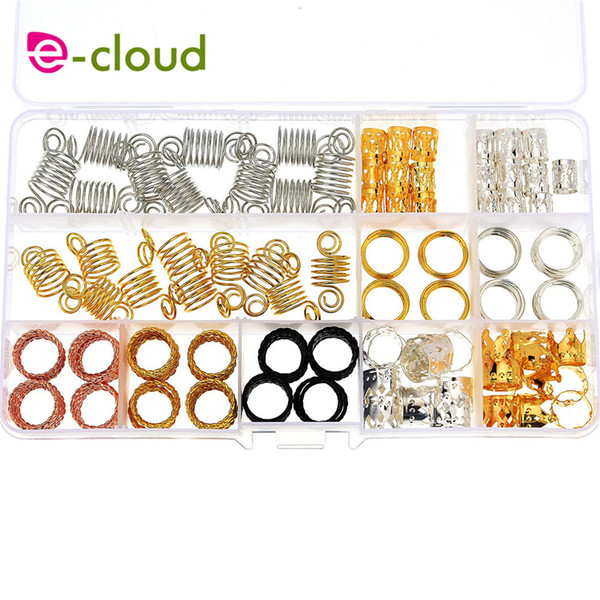 130 Pieces Metal Hair Rings Cuffs Hair Braiding Beads Aluminum Dreadlocks Decoration Accessories with Storage Box