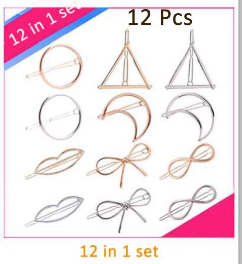 Tamax HP002 12in1 Minimalist Geometric Gold Sliver Hair Clip Triangle Moon Circle Butterfly eight words lips Hairpin Clamps Barrettes Bobby