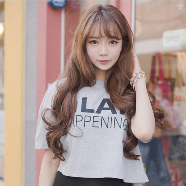 2018 Fashion Air bangs long curly hair wig factory outlet Fashion Korean wigs long curly hair diagonal bangs wig