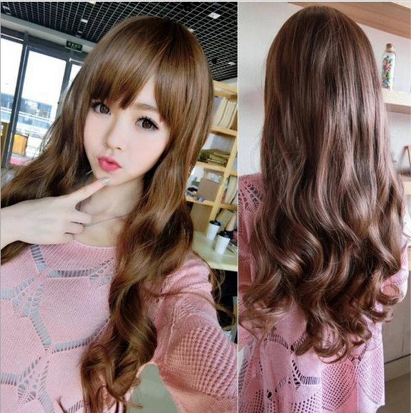 2018 Fashion Korean version of the small wave long wig long fluffy wig female long curly hair air bangs wig