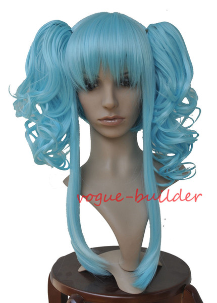 Heat-resistant 2 CURLY SKY BLUE PONYTAILS SHORT COSPLAY WIG VOCALOID CODA ANYA