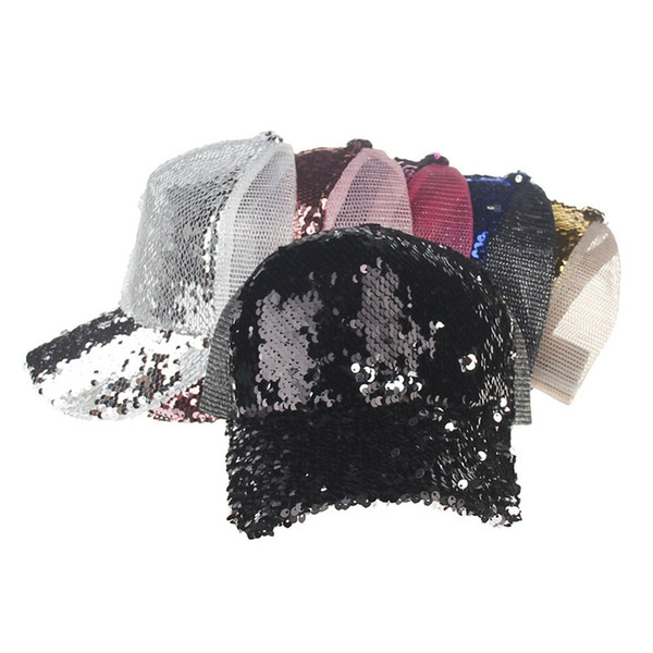 6 Colors Mermaid Sequins Hat Glitter Ponytail Baseball hat Girl Softball hats back hole Pony Tail Glitter Mesh Baseball Cap Hat 100