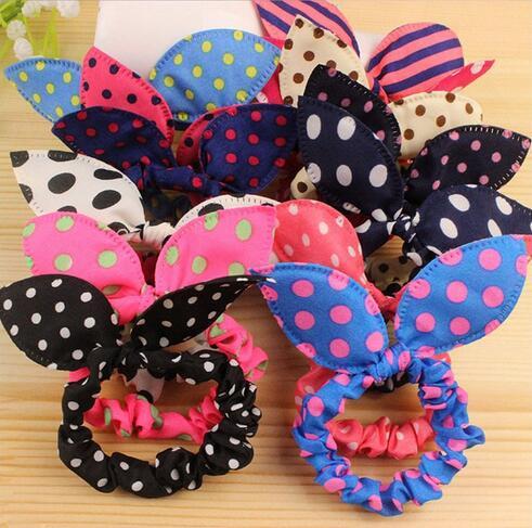 wholesale 10pcs Original Head Flower Hair Accessories Headdress Korea Trinkets Rabbit Ears Fabric Polka Dot Rubber Band Hair Rope Ring